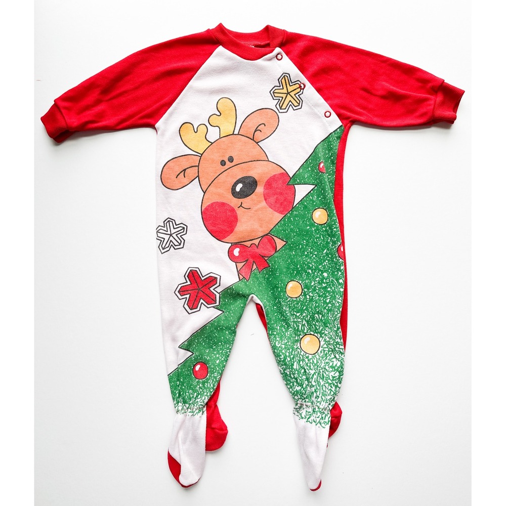 Alexis Vintage Christmas Reindeer Tree Footed Pajamas Sleepsuit Size G